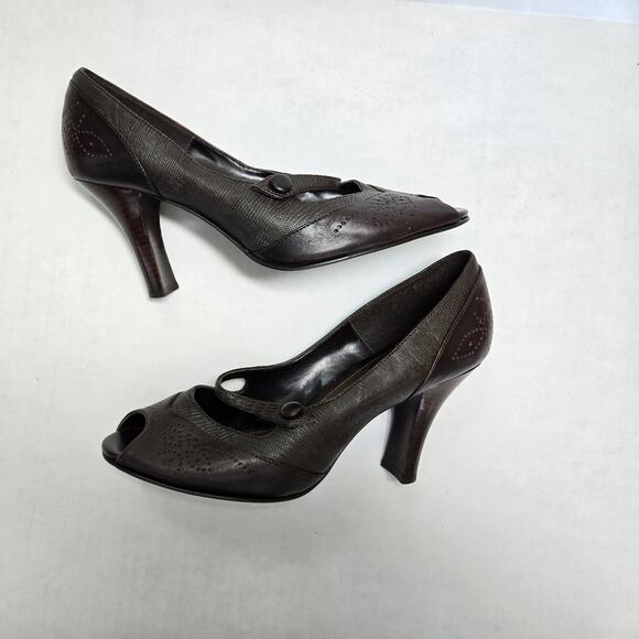 Etienne Aigner Bossy Dark Brown Peep Toe Mary Jane Pump Heels Womens 7.5 M - Picture 2 of 9